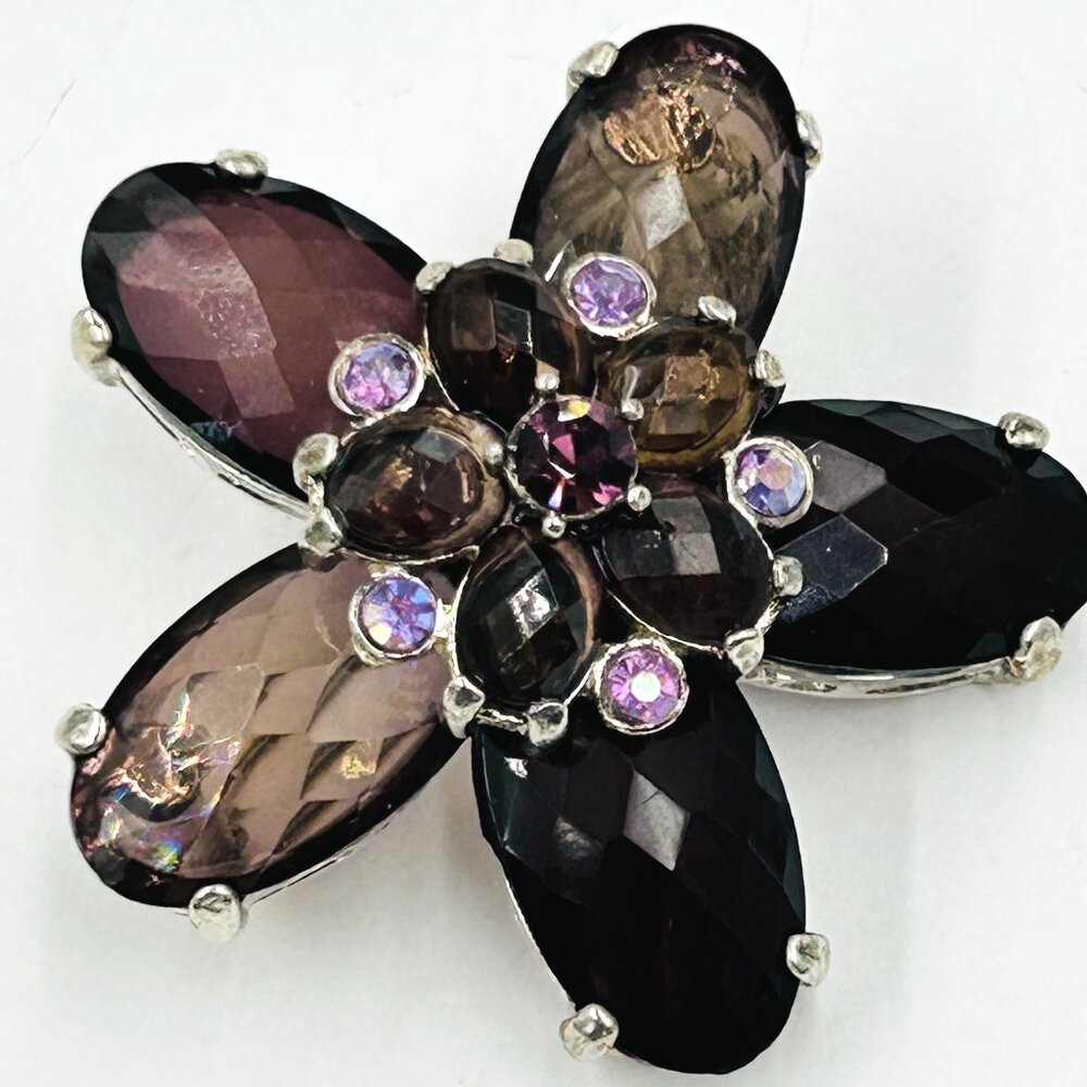VINTAGE BROWN PURPLE FLOWER RHINESTONE BROOCH SILVERTONE METAL SILVER TONE
